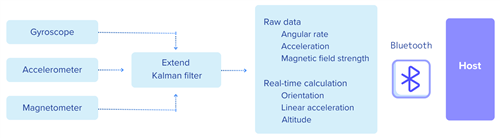 Flussdiagramm LPMS-B2 – Sensoren → Sensorfusion/Filter → Ausgabedaten → Schnittstelle ↔ Host (schematische Darstellung)