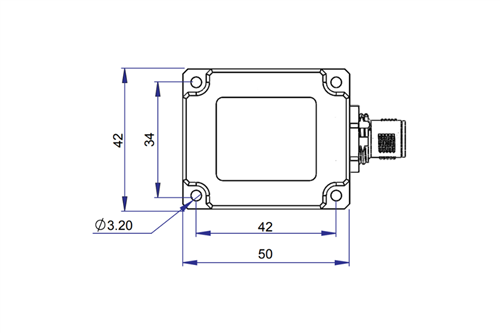 LPMS-AL3 Series – Draufsicht mit Maßangaben (Breite/Länge) und Montagebohrungen