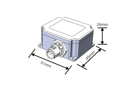 LPMS-IG1– CAD-Darstellung mit Bemaßung (Breite, Länge, Höhe) in einfarbigem Layout