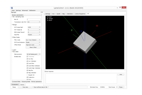 LPMSControl – Software-GUI zur Konfiguration und Live-Anzeige der IMU-Daten (z. B. Rohdaten/Orientierung)