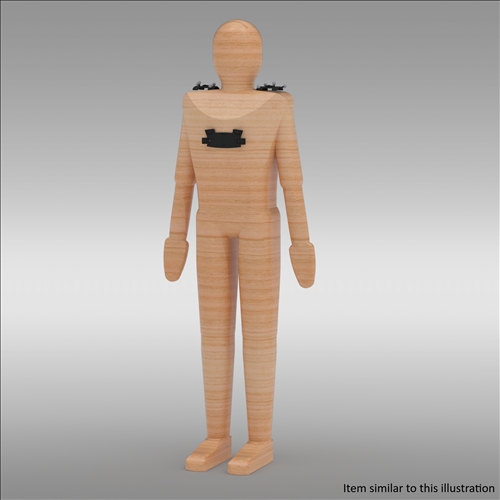 Schulter-Target-Satz auf Holzfigur; zwei Schulter-Targets und Rückenplatte, Rückansicht Motion Capture