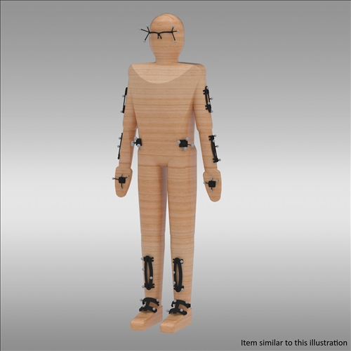 12-teiliges Motion-Capture-Set mit zwei kleinen Bauch-Targets; an Holzpuppe montiert; ohne Schulter- und Oberschenkel-Targets