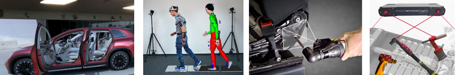 Vierteiliges Banner: links Auto mit geöffneten Türen im Labor mit Tracking-Kameras; daneben zwei Personen mit Markeranzügen im Motion-Capture-Studio; dritte Szene Werkzeugmessung am Autositz; rechts optisches Tracking von Handwerkzeugen durch Kameraleiste