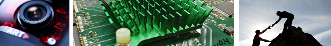 Dreiteiliges Banner: links Nahaufnahme einer ART-Trackingkamera, mittig grüner Kühlkörper auf Leiterplatte, rechts Silhouette – Person hilft einer anderen auf einen Felsvorsprung