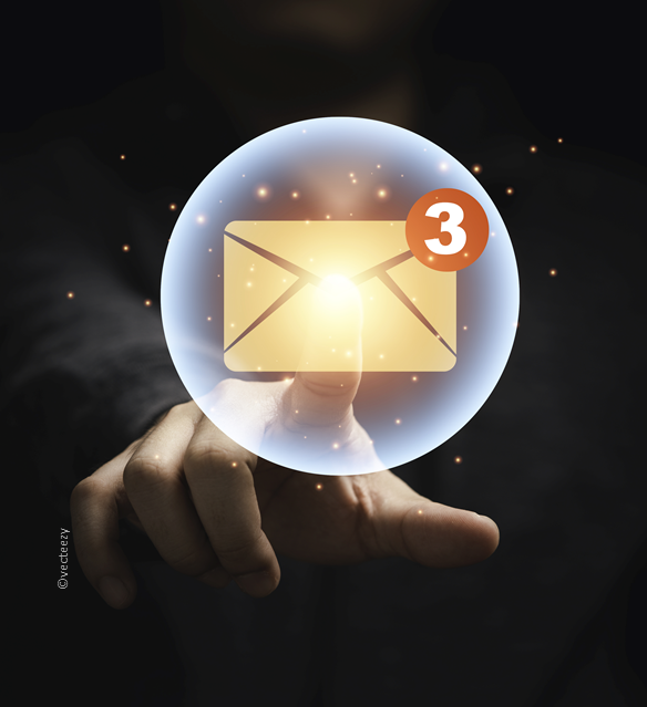 Newsletter Email Icon in einer Blase mit 3 Nachriichten Berührt von einer Han eines Menschen