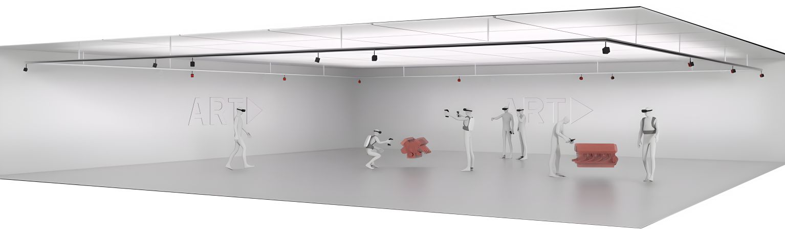 Rendering eines ART-Showrooms mit Decken-Trackingkameras; mehrere Personen demonstrieren VR/AR-Interaktion und optisches Tracking an Exponaten.