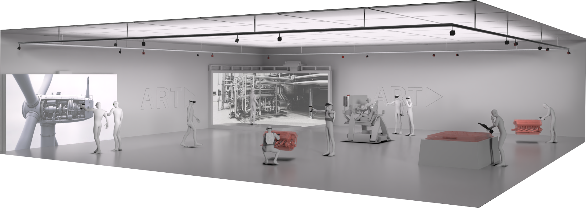 Panorama eines hellen Showrooms von ART: Decken-Tracking, große Industrie-Displays und mehrere Personen, die VR/AR, 3D-Erfassung und optisches Motion-Tracking zur Inspektion von Bauteilen demonstrieren.