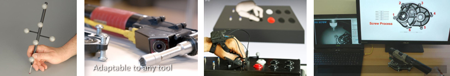 Vierteiliges Banner: links Messtaster mit passiven Markern; daneben Werkzeug-Tracking an einem Schrauber; dritte Szene Finger-Tracking an einem Bedienpanel; rechts Prozessführung/Schraubvorgang mit getracktem Schrauber am Monitor